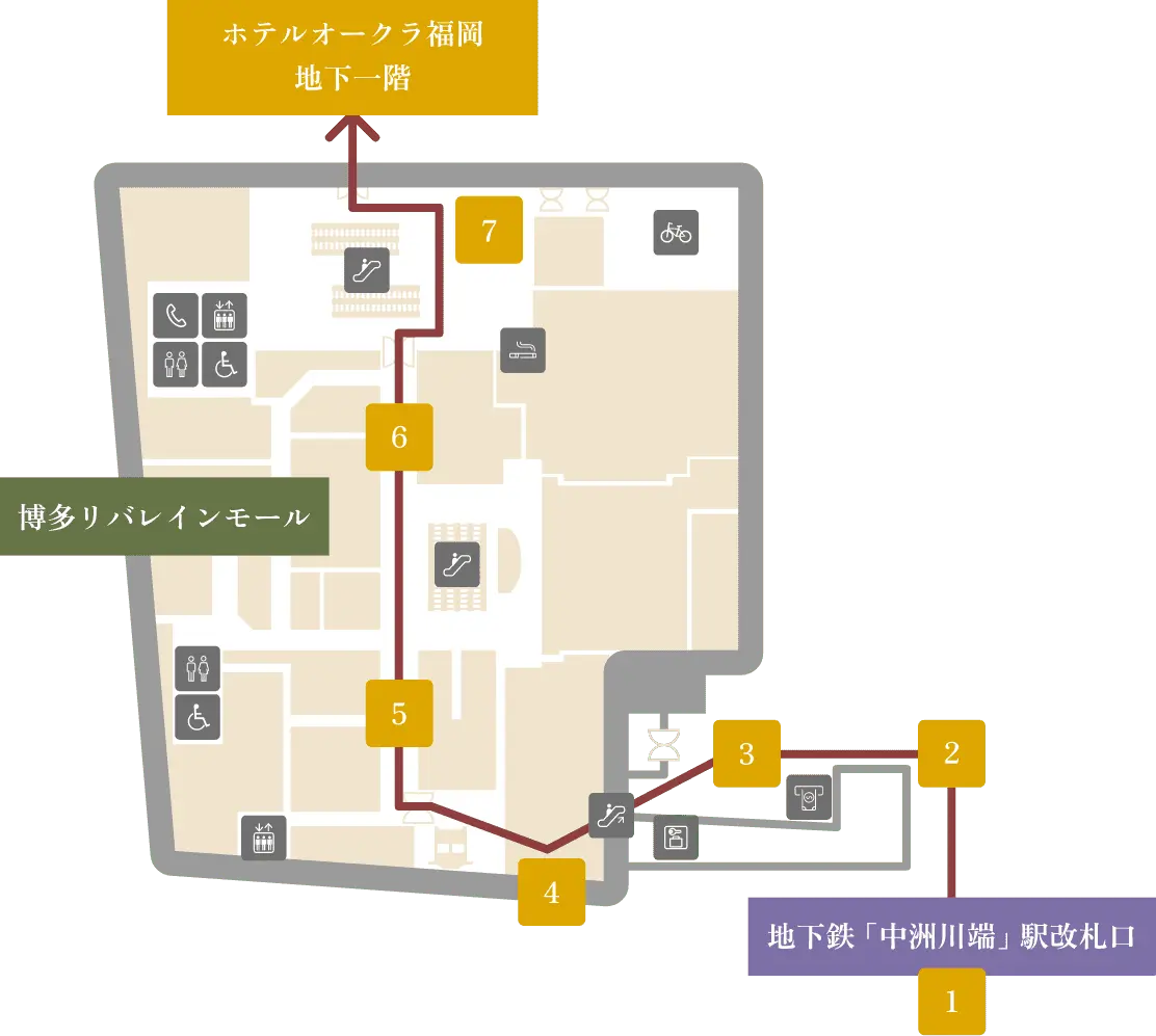 地下鉄「中洲川端」駅からホテルオークラ福岡までの図